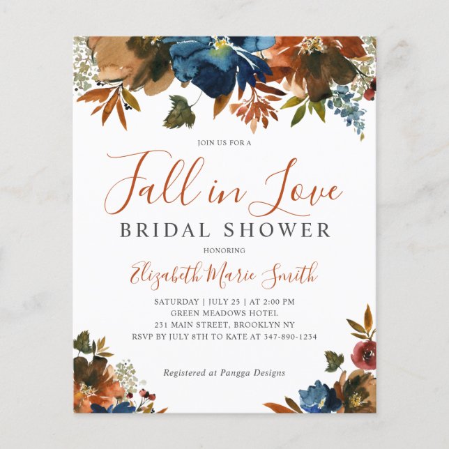 Chic Fall in Love Blue Floral Bridal Shower Invite (Front)