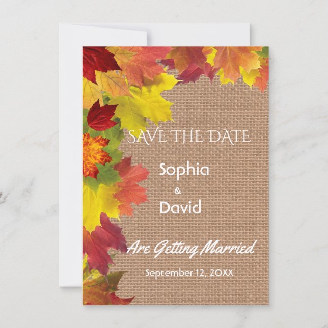 Chic Fall Leaves Burlap Wedding SAVE THE DATE (Front)