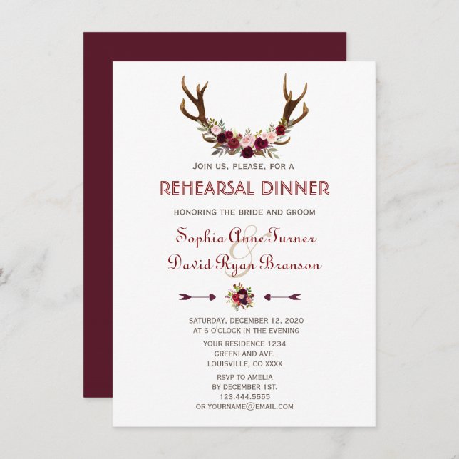Chic Fall Marsala Floral Antlers Rehearsal Dinner Invitation (Front/Back)