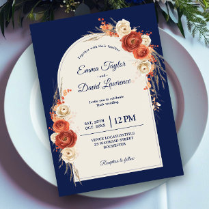Chic fall orange terracotta navy floral wedding  invitation