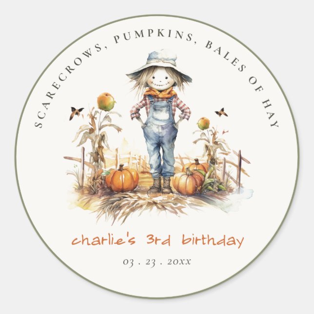 Chic Fall Pumpkin Scarecrow Harvest Kids Birthday Classic Round Sticker (Front)