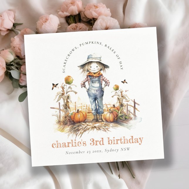 Chic Fall Pumpkin Scarecrow Harvest Kids Birthday Napkin (Creator Uploaded)