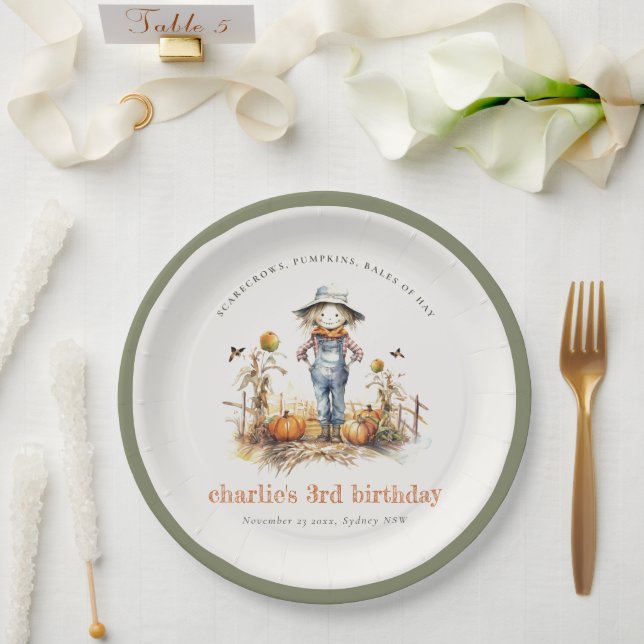 Chic Fall Pumpkin Scarecrow Harvest Kids Birthday Paper Plate (Wedding)