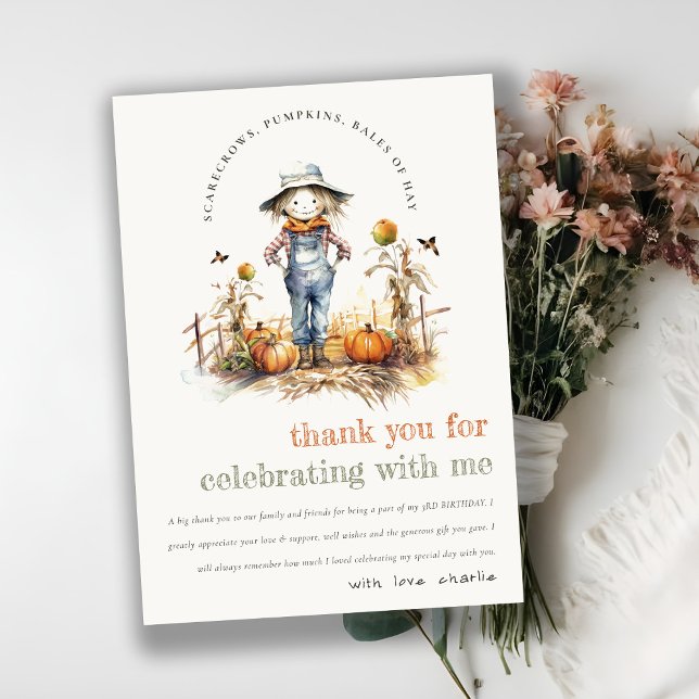 Chic Fall Pumpkin Scarecrow Harvest Kids Birthday Thank You Card (Creator Uploaded)