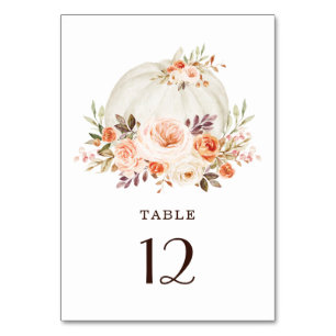 Chic Fall White Pumpkin Peach Orange Floral Table Number