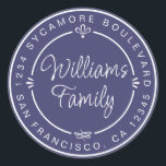 Chic Family Monogram Return Address Navy Blue Classic Round Sticker<br><div class="desc">Chic, modern and simple homemade wedding return address sticker with your family name and address in white elegant handwritten script calligraphy and stylish typography on a navy blue background, embellished with laurels and other rustic decorative details. Simply add your monogram name and address Exclusively designed for you by Happy Dolphin...</div>
