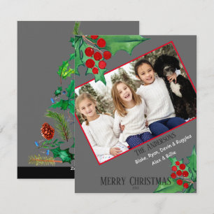 Chic Family Photo Watercolor Christmas Holly Holiday Card