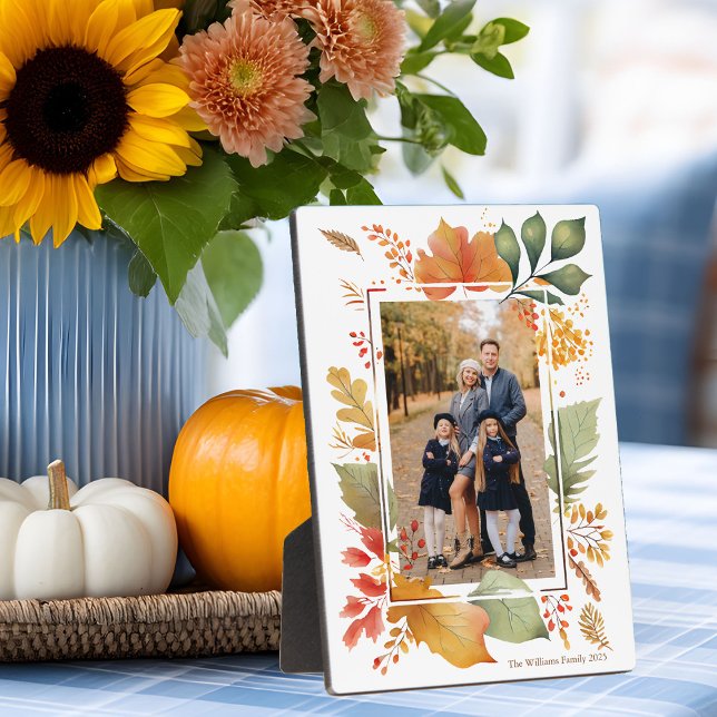 Chic Family Thanksgiving Fall Leaf Border Photo Plaque (Creator Uploaded)