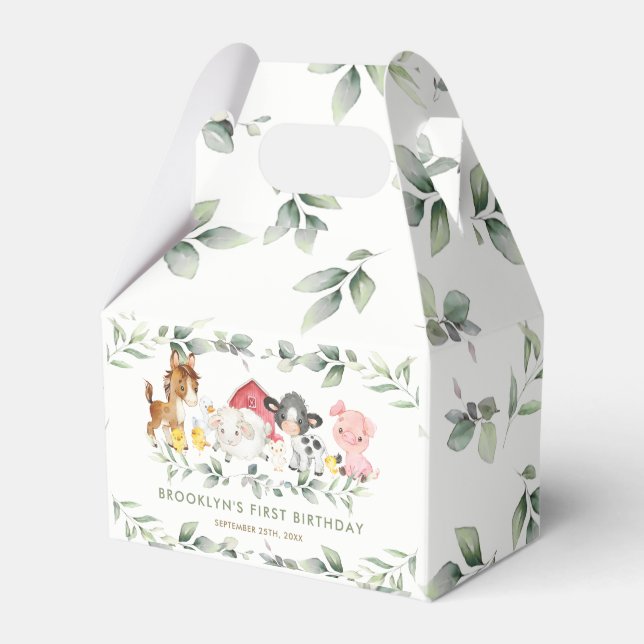 Chic Farm Animals Barnyard Greenery 1st Birthday Favour Box (Front Side)