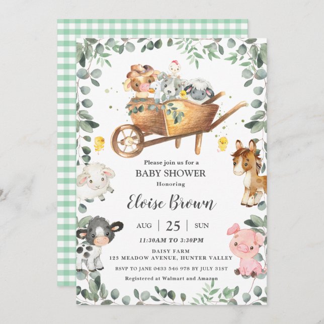 Chic Farm Animals Barnyard Greenery Baby Shower  I Invitation (Front/Back)