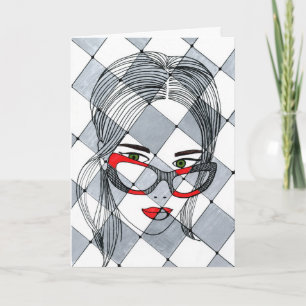 Chic Fashion Girl with Red Glasses Abstract Art Ca Card