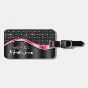 Chic Faux Brushed Metal Black Fuchsia Monogram Luggage Tag