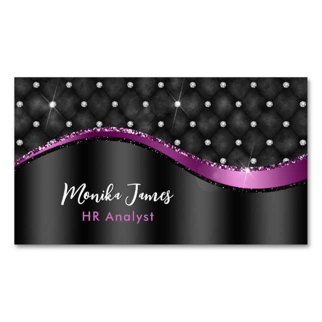 Chic Faux Brushed Metal Black Purple Monogram Magnetic Business Card (Front)