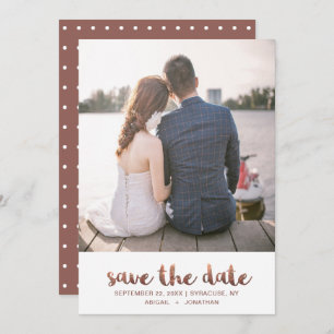 Chic Faux Copper Rose Script with Dots Photo Save The Date