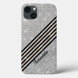 Chic faux Crystal and Silver glitter Personalised  iPhone 13 Case