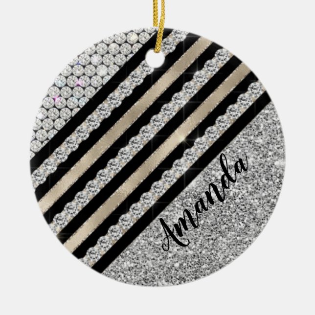 Chic faux Crystal and Silver glitter Personalised Ceramic Ornament (Front)