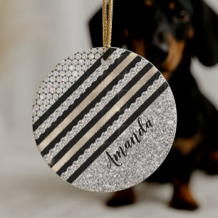 Chic faux Crystal and Silver glitter Personalised Ceramic Ornament