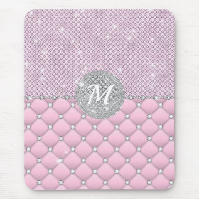 Chic Faux Crystal Pink Silver Diamond Monogram Mouse Pad (Front)