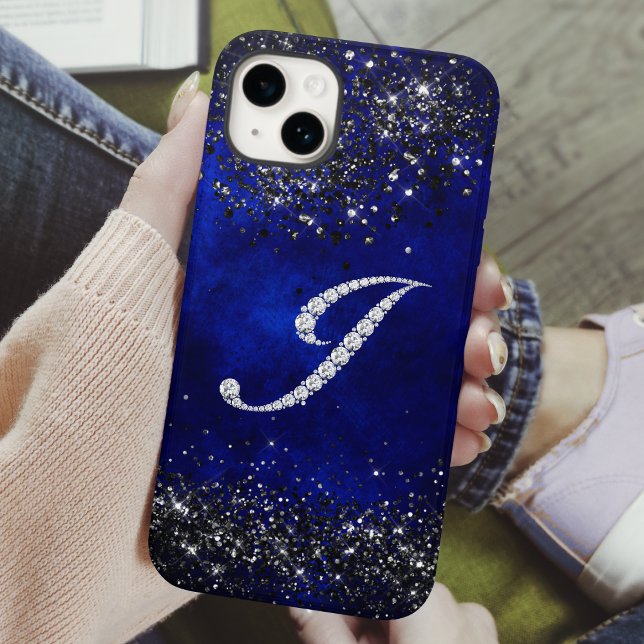 Chic faux Crystal rhinestone letter J royal blue Case-Mate iPhone Case (Creator Uploaded)