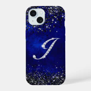 Chic faux Crystal rhinestone letter J royal blue iPhone 15 Case