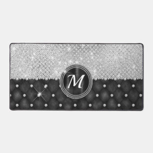 Chic Faux Crystal Silver Black Diamond Monogram Desk Mat