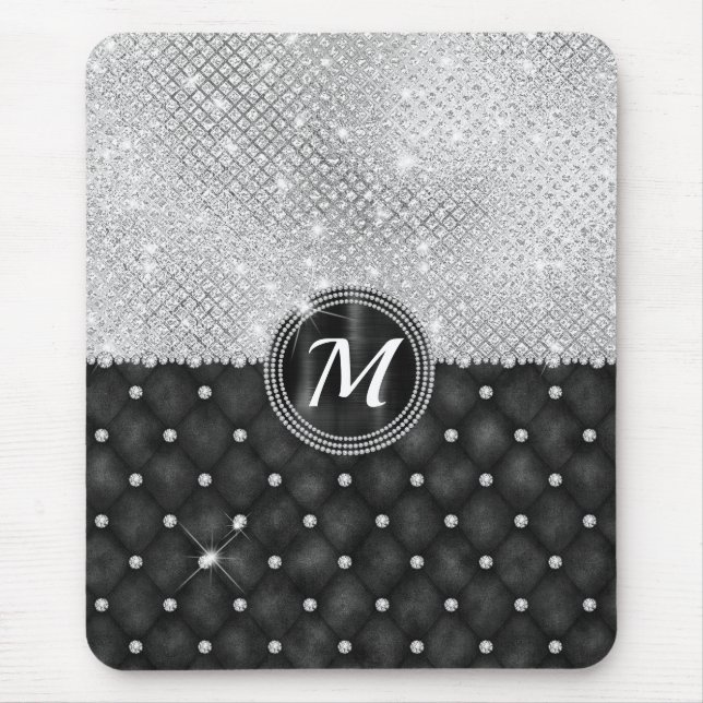 Chic Faux Crystal Silver Black Diamond Monogram Mouse Pad (Front)