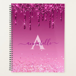 Chic Faux Dark Pink Glitter Drips Monogram Name Planner