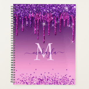 Chic Faux Dark Purple Glitter Drips Monogram Name Planner