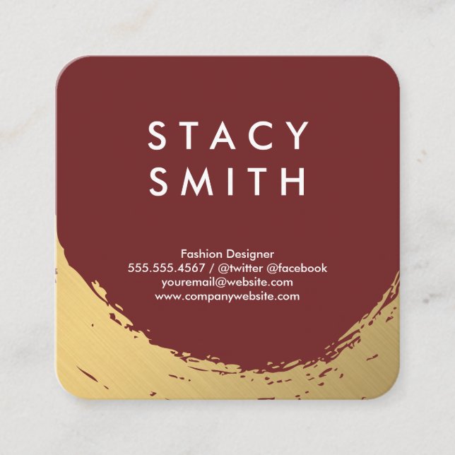 Chic Faux Gold Brushed Deep Red Square Business Card (Front)