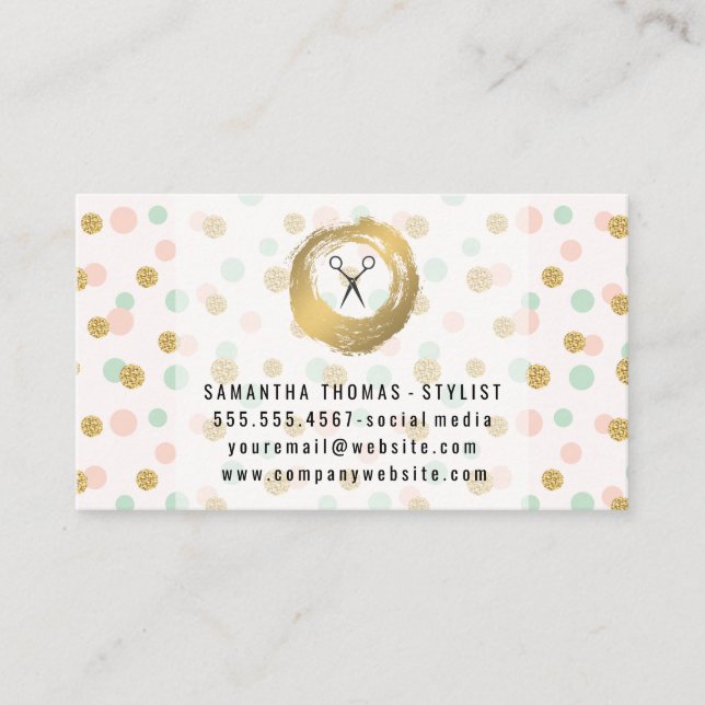 Chic Faux Gold Brushed | Glitter Polka Pattern Business Card (Front)
