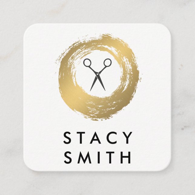 Chic Faux Gold Brushed Salon Stylist Square Business Card (Front)