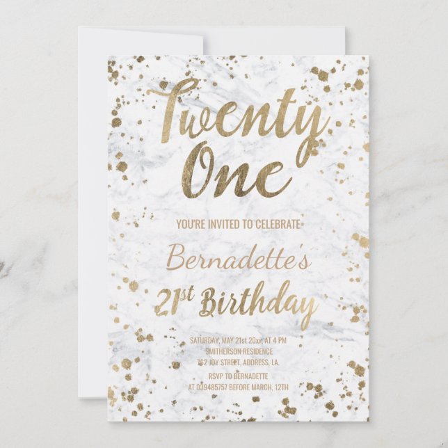 Chic Faux gold confetti white marble 21st Birthday Invitation (Front)