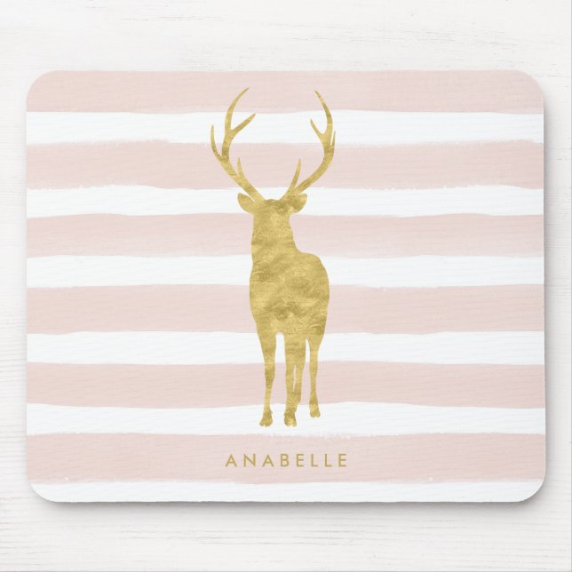 Chic Faux Gold Foil Deer on Pink Stripes Mouse Pad (Front)