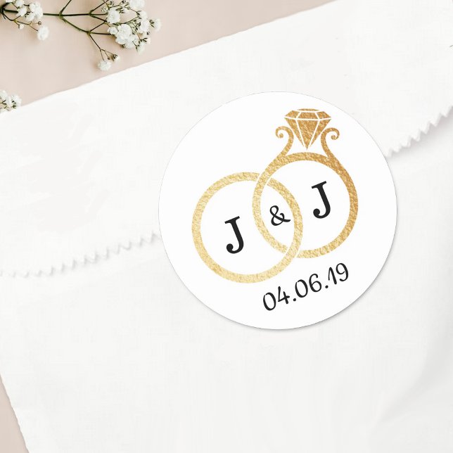 Chic Faux Gold Foil Monogram Wedding Rings Classic Round Sticker (Creator Uploaded)