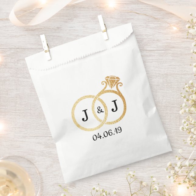 Chic Faux Gold Foil Monogram Wedding Rings Favour Bag (Clipped)