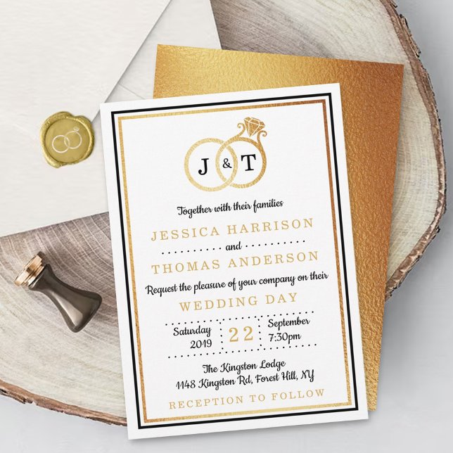 Chic Faux Gold Foil Monogram Wedding Rings Invitation (Creator Uploaded)