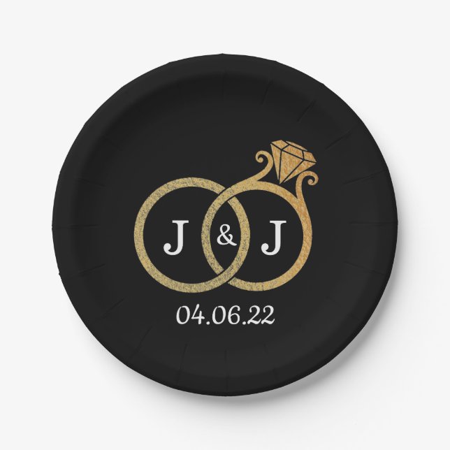 Chic Faux Gold Foil Monogram Wedding Rings Paper Plate (Front)