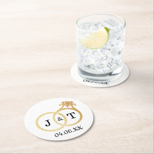 Chic Faux Gold Foil Monogram Wedding Rings Round Paper Coaster
