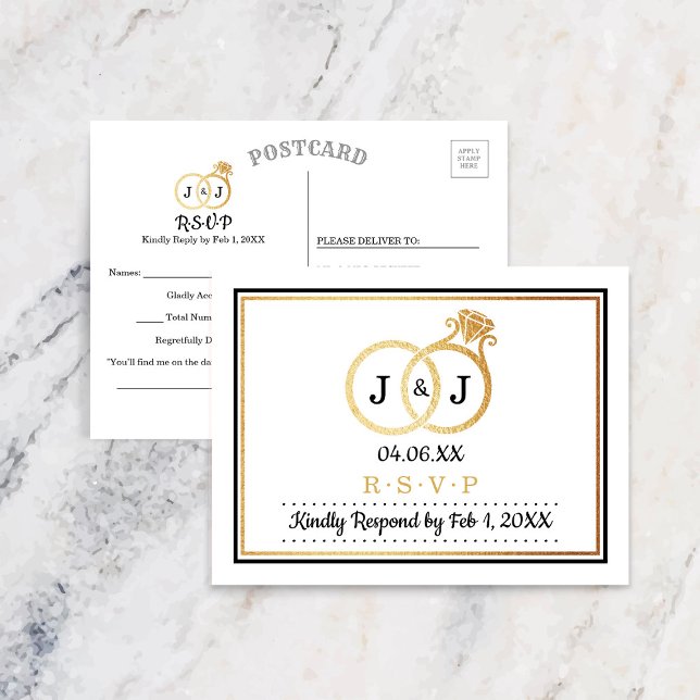 Chic Faux Gold Foil Monogram Wedding Rings RSVP Invitation Postcard (Creator Uploaded)