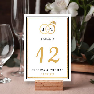 Chic Faux Gold Foil Monogram Wedding Rings Table Number