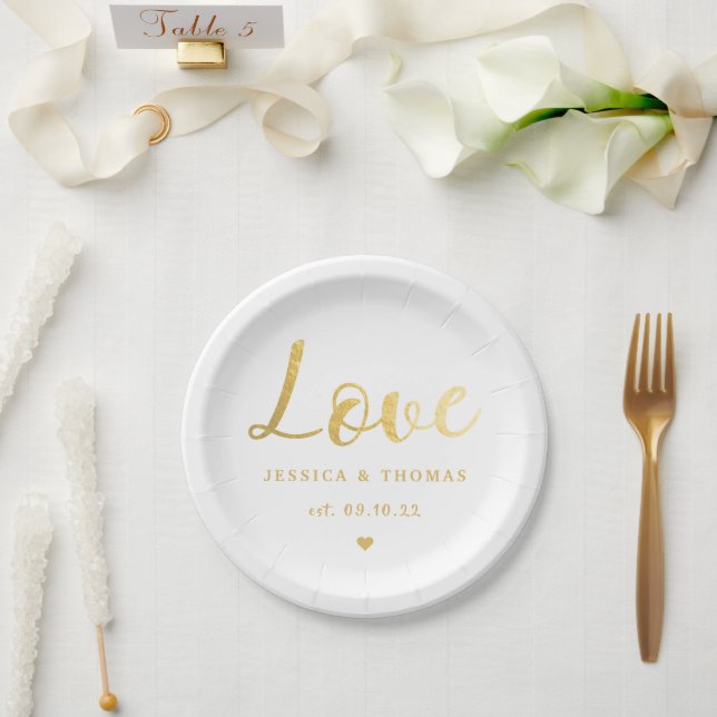 Chic Faux Gold Foil Typography Script Love Wedding Paper Plate (Wedding)
