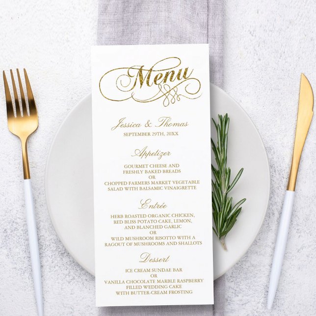 Chic Faux Gold Foil Wedding Menu Template (Creator Uploaded)