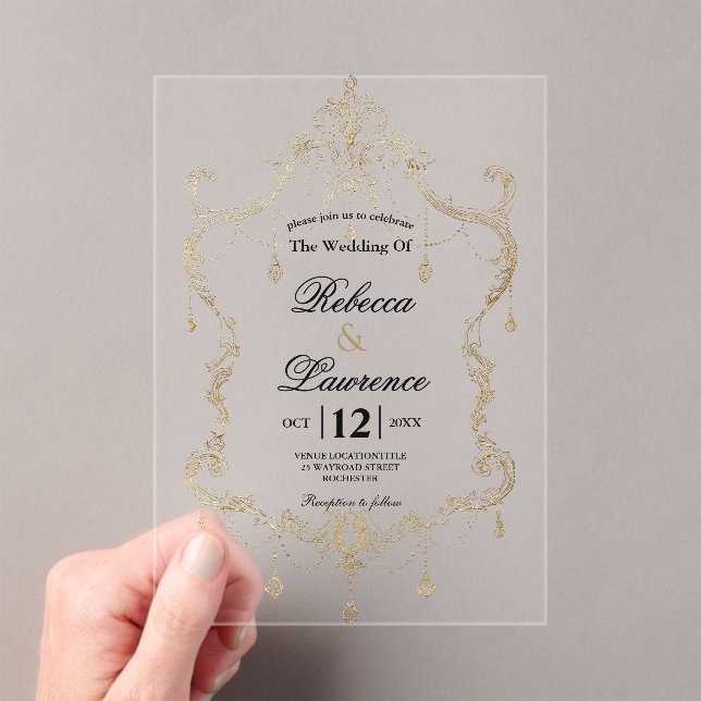 Chic faux gold frame calligraphy wedding acrylic invitations (Insitu (Handheld))