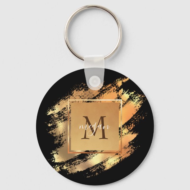 Chic Faux Gold Glam Brushstroke Monogrammed Key Ring (Front)