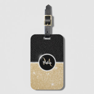 Chic faux Gold Glitter Black Leather Monogram Luggage Tag