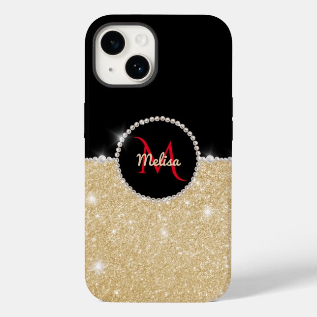 Chic faux Gold Glitter Black & Pearl Monogram  Case-Mate iPhone Case (Back)