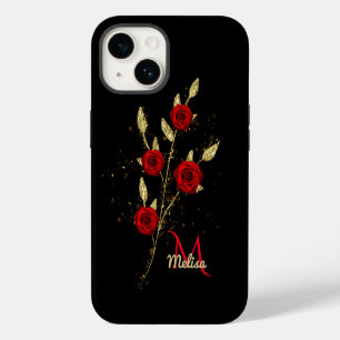 Chic faux Gold Glitter Leaves Red Rose monogram Ca iPhone 14 Case
