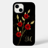 Chic faux Gold Glitter Leaves Red Rose monogram