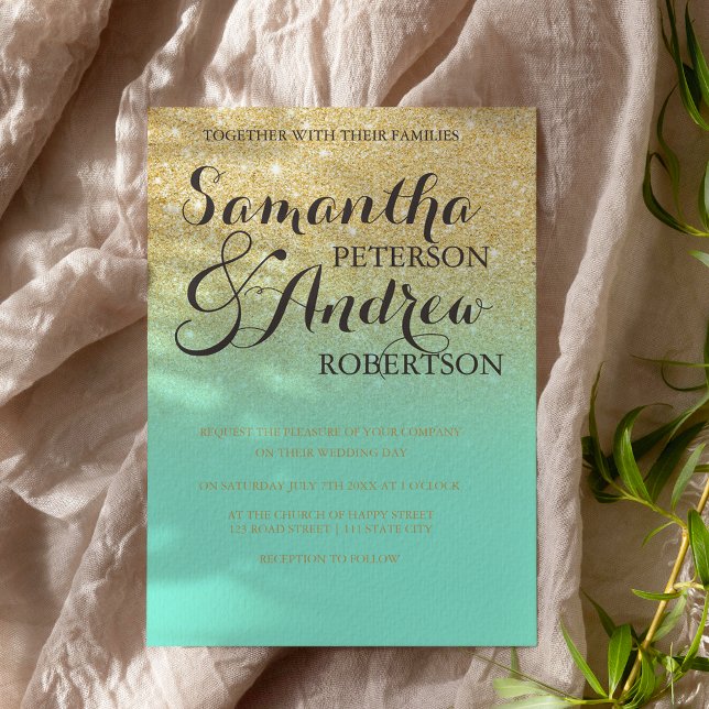 Chic faux gold glitter mint green wedding invitation (Creator Uploaded)