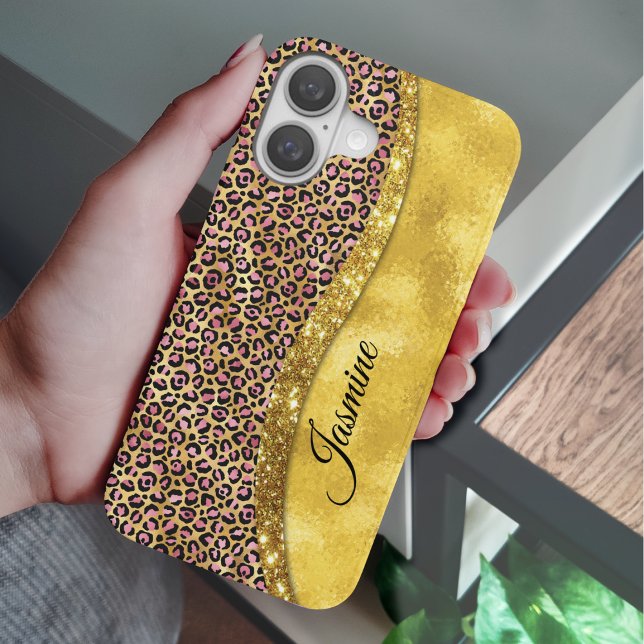 Chic faux gold glitter pink animal print Monogram Case-Mate iPhone Case (Creator Uploaded)